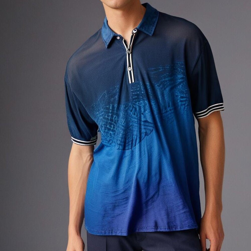 Henley T-Shirt Men's Size 2X Stretchy Moisture Wicking 3D Digtal Printed Blue